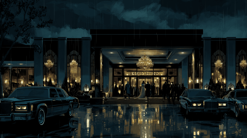 Nighttime scene outside a luxurious casino entrance with chandeliers glowing through tall glass windows, vintage cars parked on wet pavement, and elegantly dressed guests gathering under warm golden light.