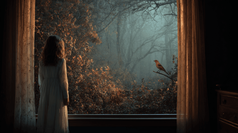 A young girl stands at a window looking out at a misty forest where a bird perches on a branch, creating a quiet, mysterious, supernatural atmosphere.