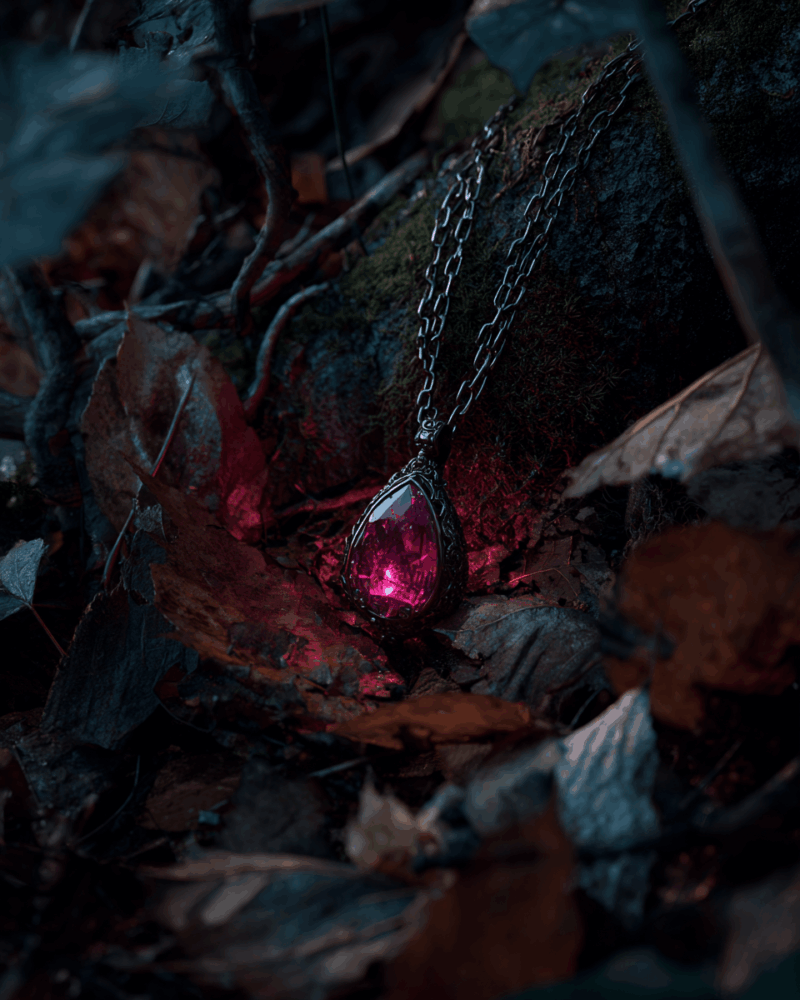 A glowing magenta pendant on a dark metal chain lies among fallen leaves on the forest floor, casting eerie light and suggesting supernatural significance.