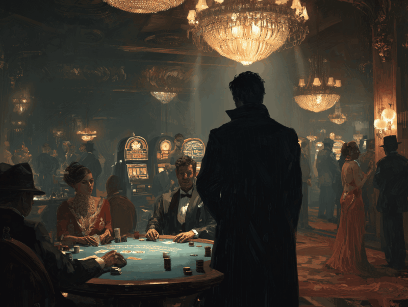 Lavish casino interior with glowing chandeliers, gamblers at a blackjack table with cards and chips, formally dressed guests in the background, and a mysterious man in a dark coat observing the game.