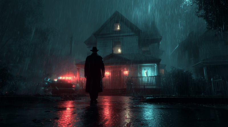 Noir-style scene of a detective in a long coat and hat standing in the rain outside a large suburban house at night, with police lights reflecting on the wet pavement and a moody, suspenseful atmosphere.