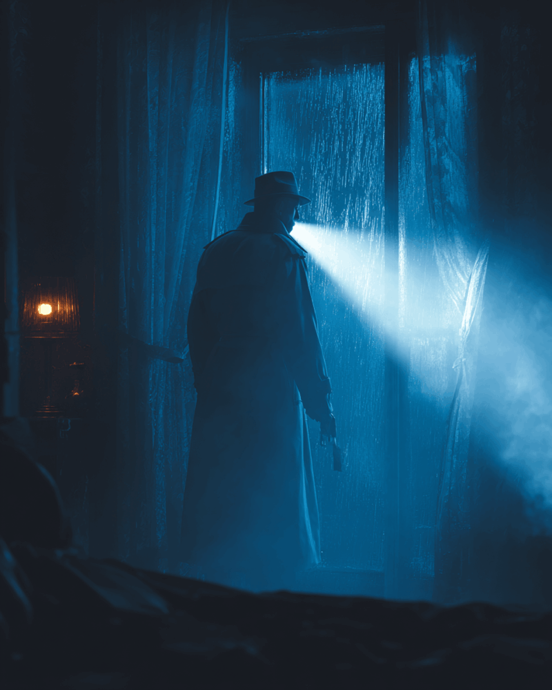 Noir-style image of a detective in a trench coat and fedora standing in a dimly lit room, rain streaking down the window, dramatic flashlight beam cutting through misty air, handgun in hand, creating a tense and cinematic mystery atmosphere.