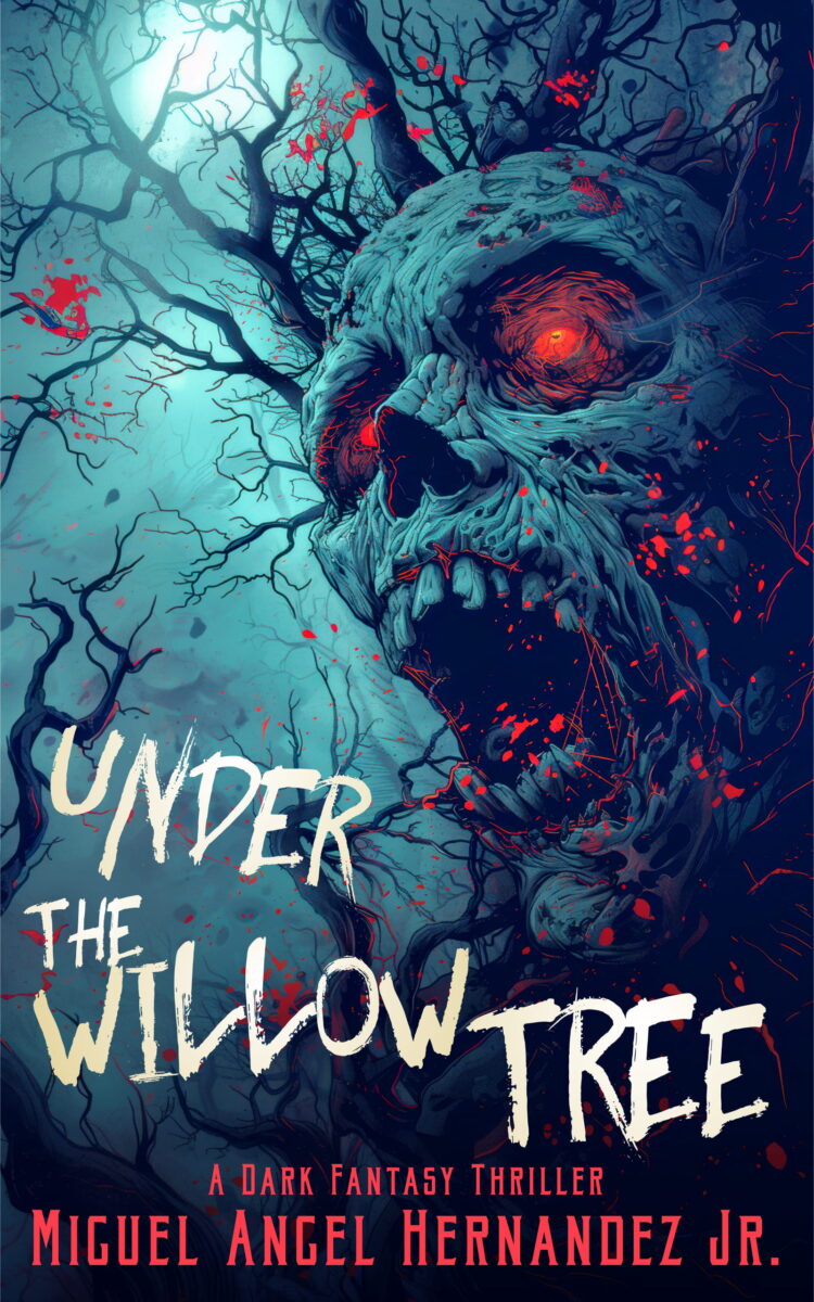 Under the Willow Tree book cover featuring a towering willow tree, dark fantasy atmosphere, and a mysterious witch protagonist — a supernatural mystery short story by Miguel Angel Hernandez Jr.