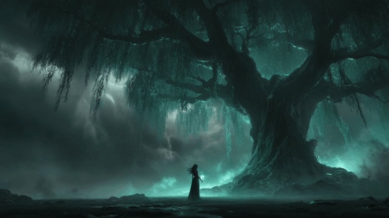 A towering ancient willow tree under a stormy sky, branches whipping in the wind as a young woman stands before it holding a glowing emerald pendant, dark fantasy atmosphere with mist swirling around the roots.