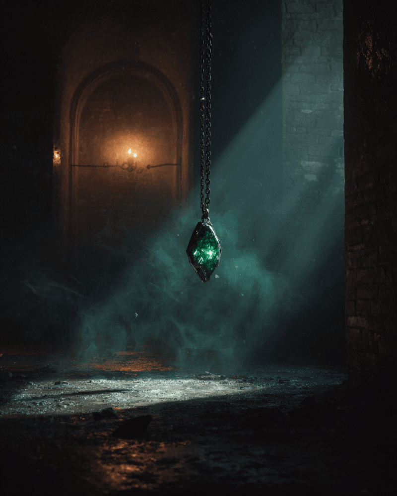 A glowing emerald pendant floating in a dark stone chamber, dust swirling in the air and faint torchlight casting eerie shadows across the walls, creating a mysterious supernatural atmosphere.